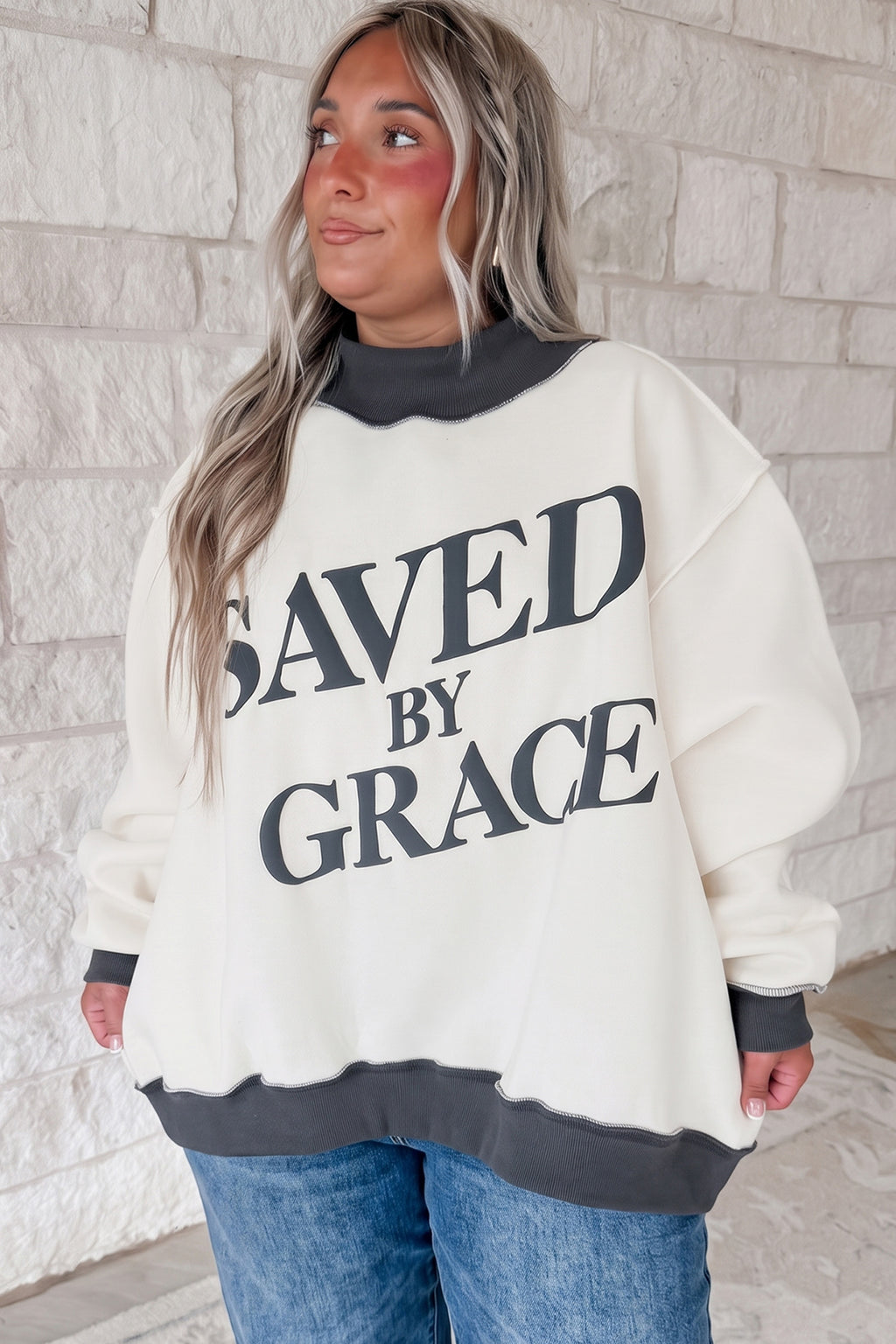 Beige SAVED BY GRACE Letter Print Color Block Mock Neck Plus Size Sweatshirt PREORDER ETA 3 WEEKS
