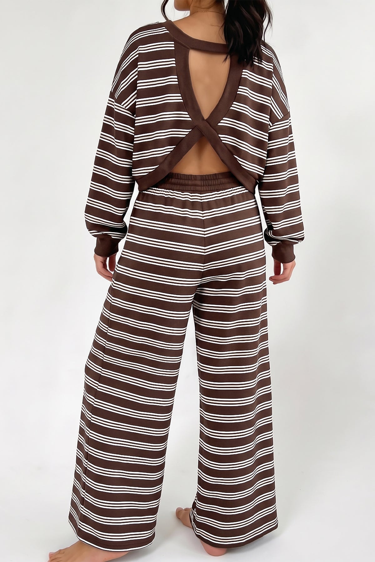 Brown Stripe Back Cutout Long Sleeve Top and Wide Leg Pants 2pcs Set PREORDER ETA 3 WEEKS