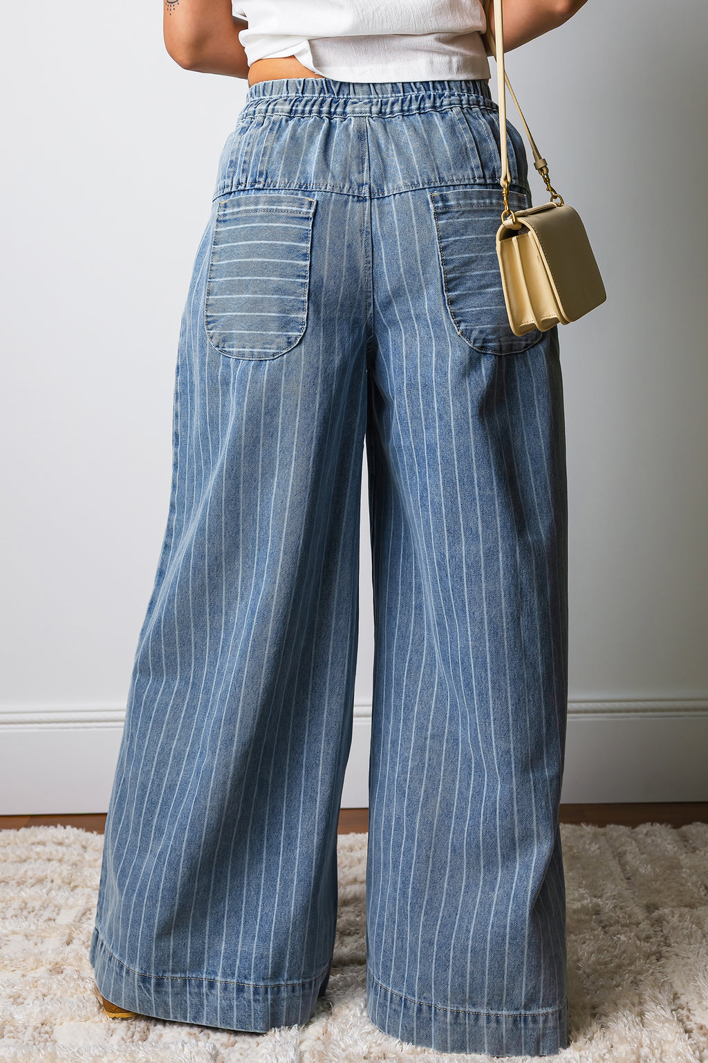 Sky Blue Stripe Button Pleated Drawstring Waist Casual Wide Leg Jeans PREORDER ETA 3 WEEKS