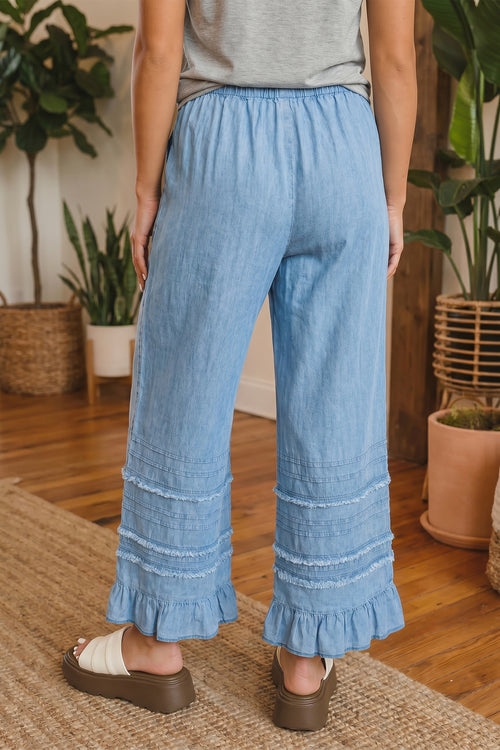 Beau Blue 100% Cotton Ruffled Hem Wide Leg Chambray Pants