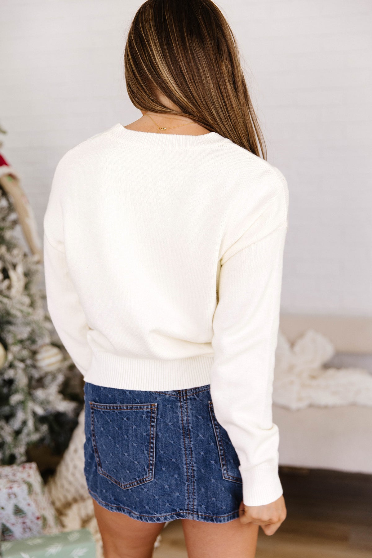 Beige Pixel Snowflake Reindeer Christmas Round Neck Casual Sweater PREORDER ETA 3 WEEKS