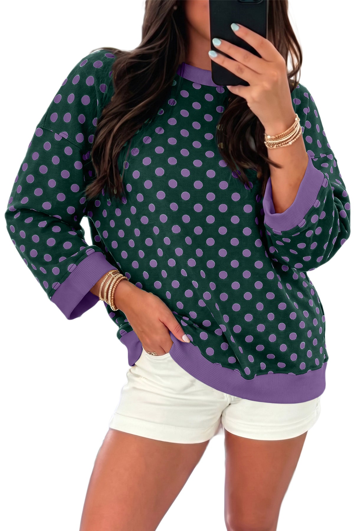 Green Polka Dot Print Contrast Trim Round Neck Bracelet Sleeve Top PREORDER ETA 3 WEEKS