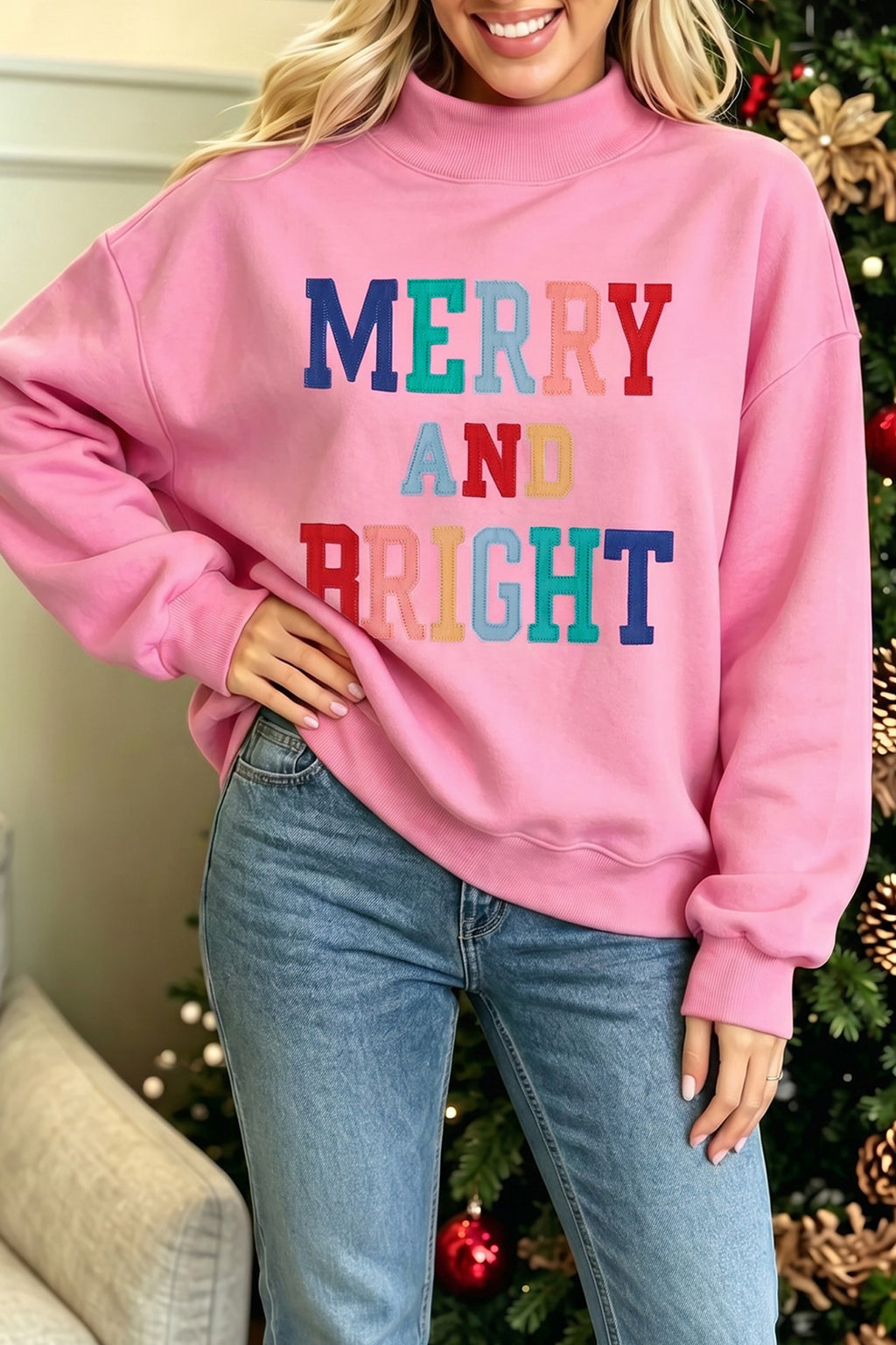 Peach Blossom MERRY AND BRIGHT Stitched Letter Pattern Mock Neck Sweatshirt PREORDER ETA 3 WEEKS