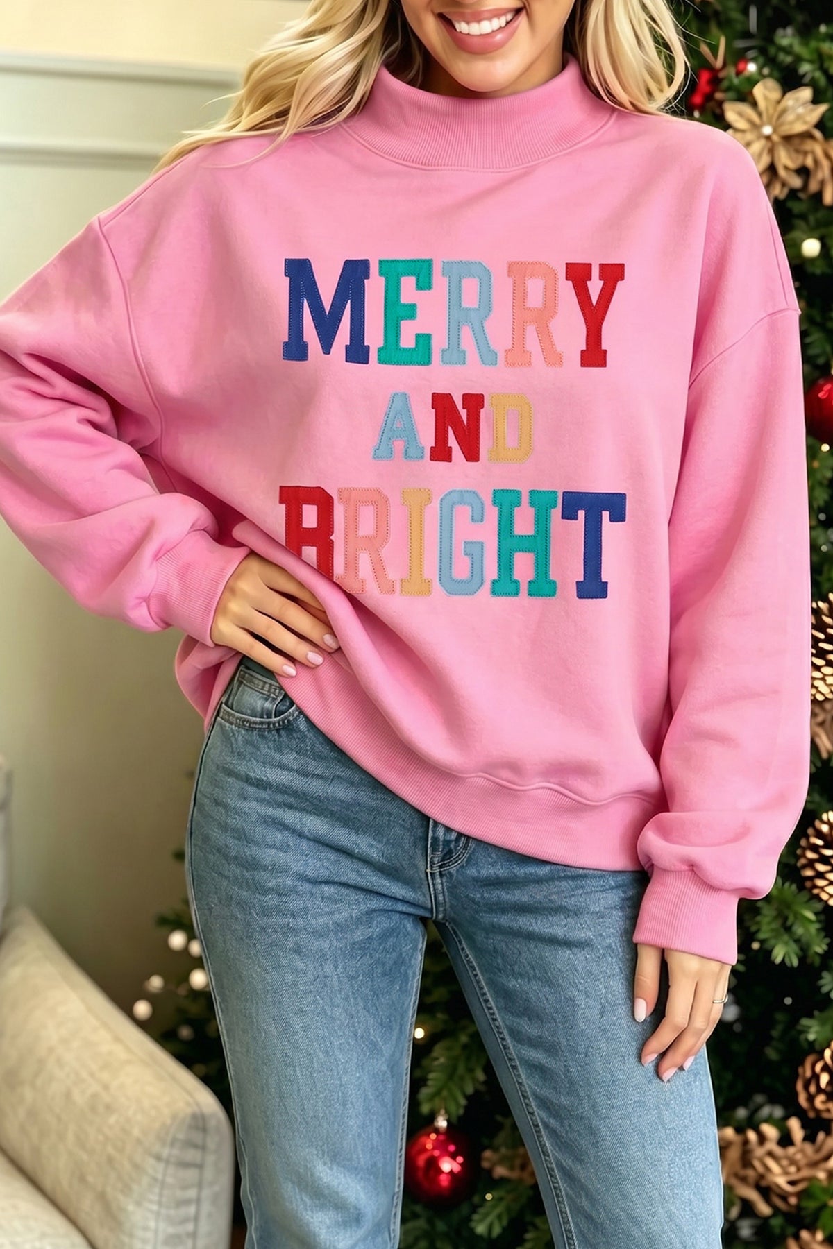 Peach Blossom MERRY AND BRIGHT Stitched Letter Pattern Mock Neck Sweatshirt PREORDER ETA 3 WEEKS