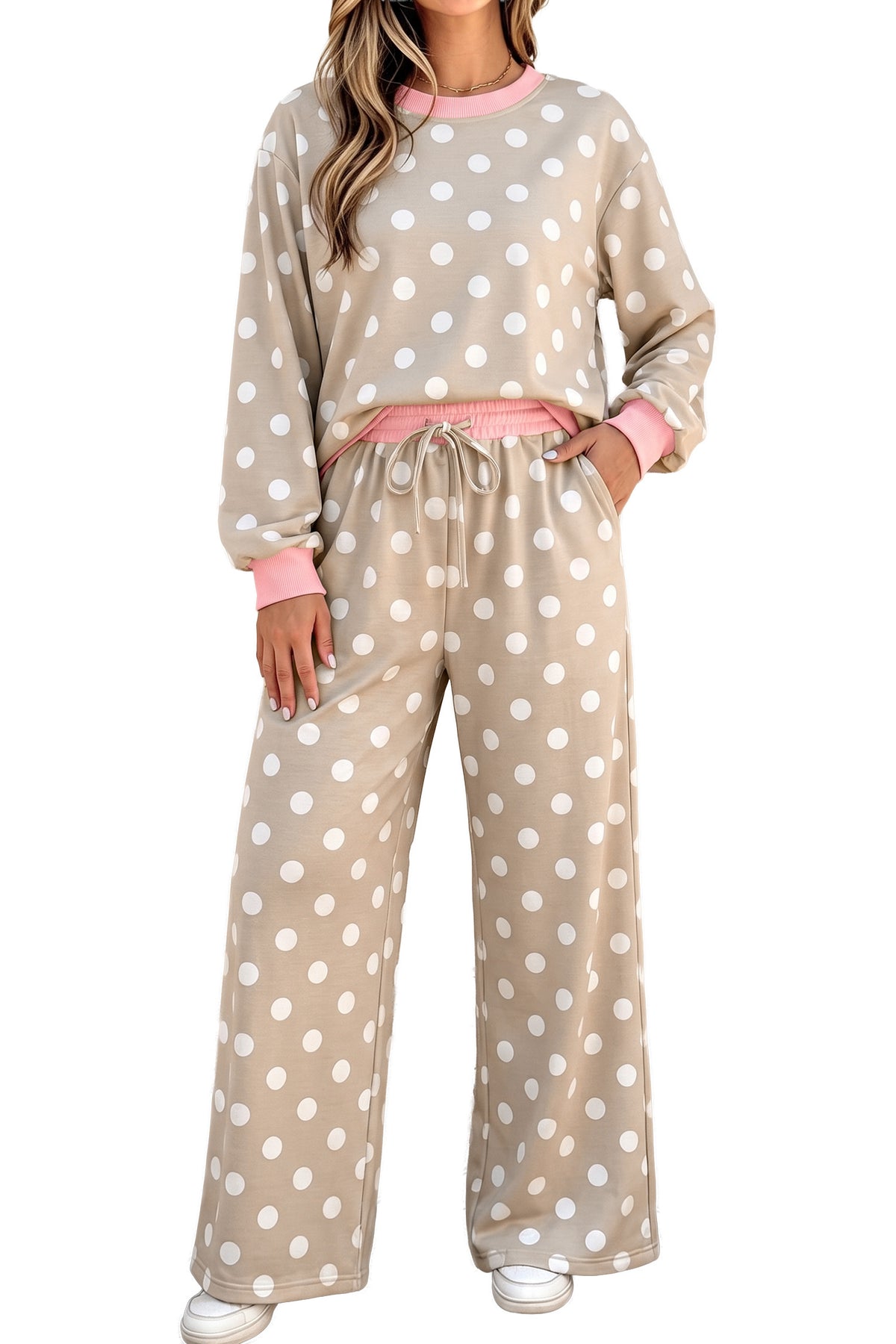 Khaki Polka Dot Contrast Trim Long Sleeve Top Drawstring Shift Pants Set PREORDER ETA 3 WEEKS