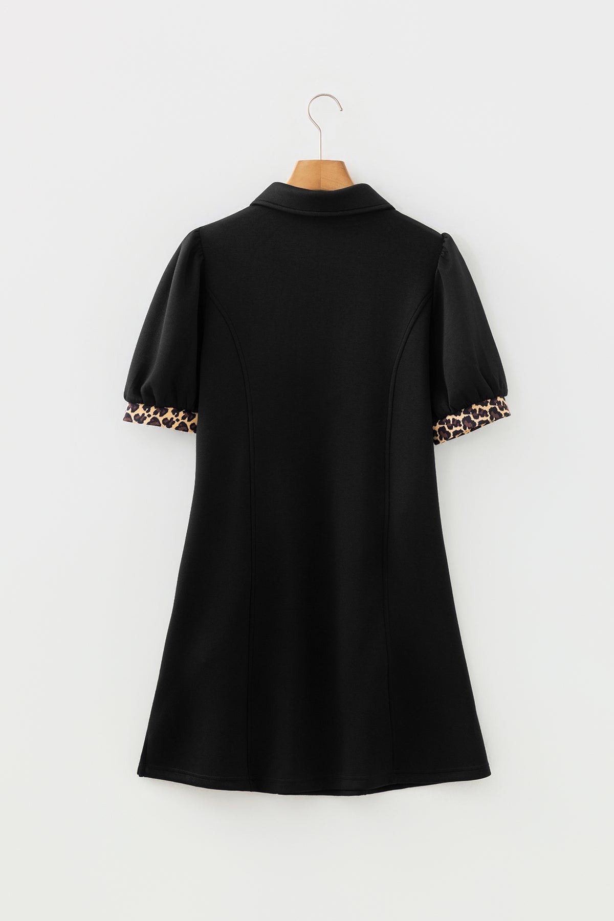 Black Leopard Patchwork Zip Collared Short Puff Sleeve Shift Mini Dress PREORDER ETA 3 WEEKS