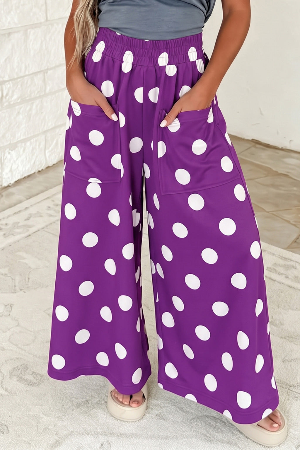 Purple Polka Dot Wide Leg Elastic Waist Casual Pants PREORDER ETA 3 WEEKS