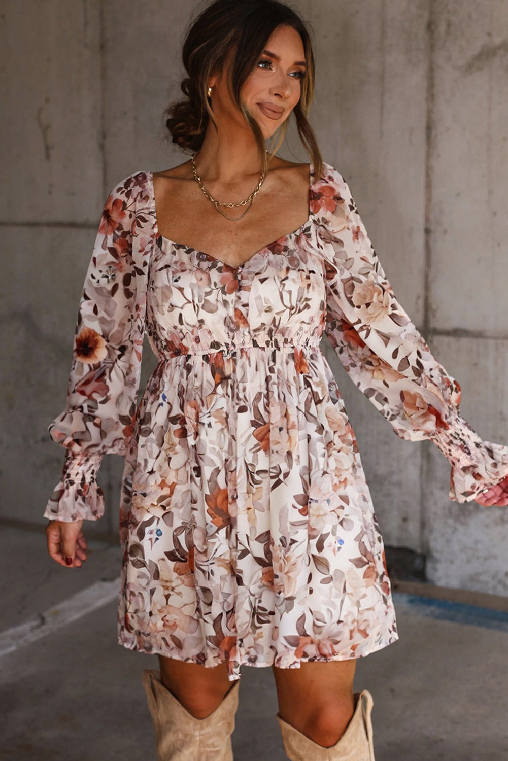 White Floral Print Sweetheart Neck Long Sleeve High Waist Mini Dress PREORDER ETA 3 WEEKS