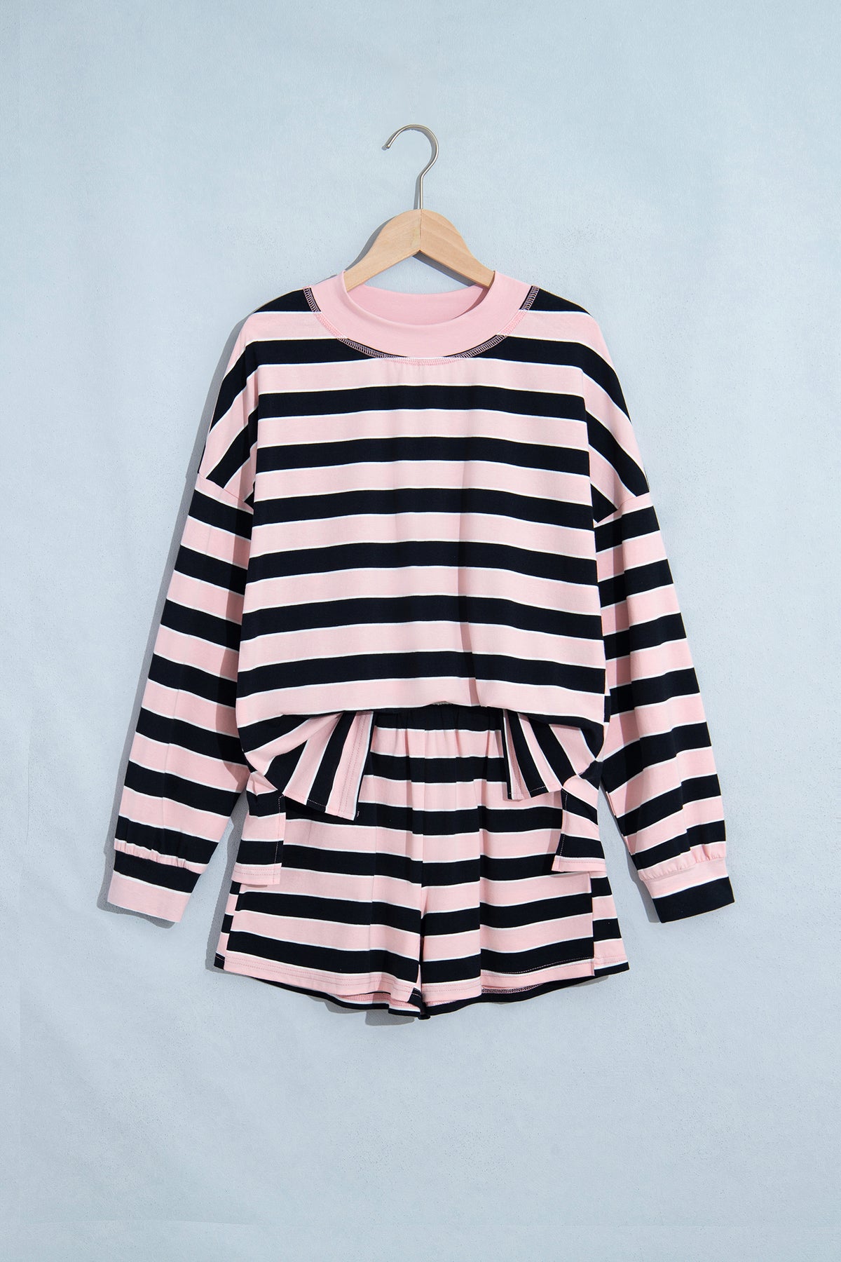Pink Stripe Oversized Long Sleeve Top Elastic Waist Shorts Casual 2pcs Set