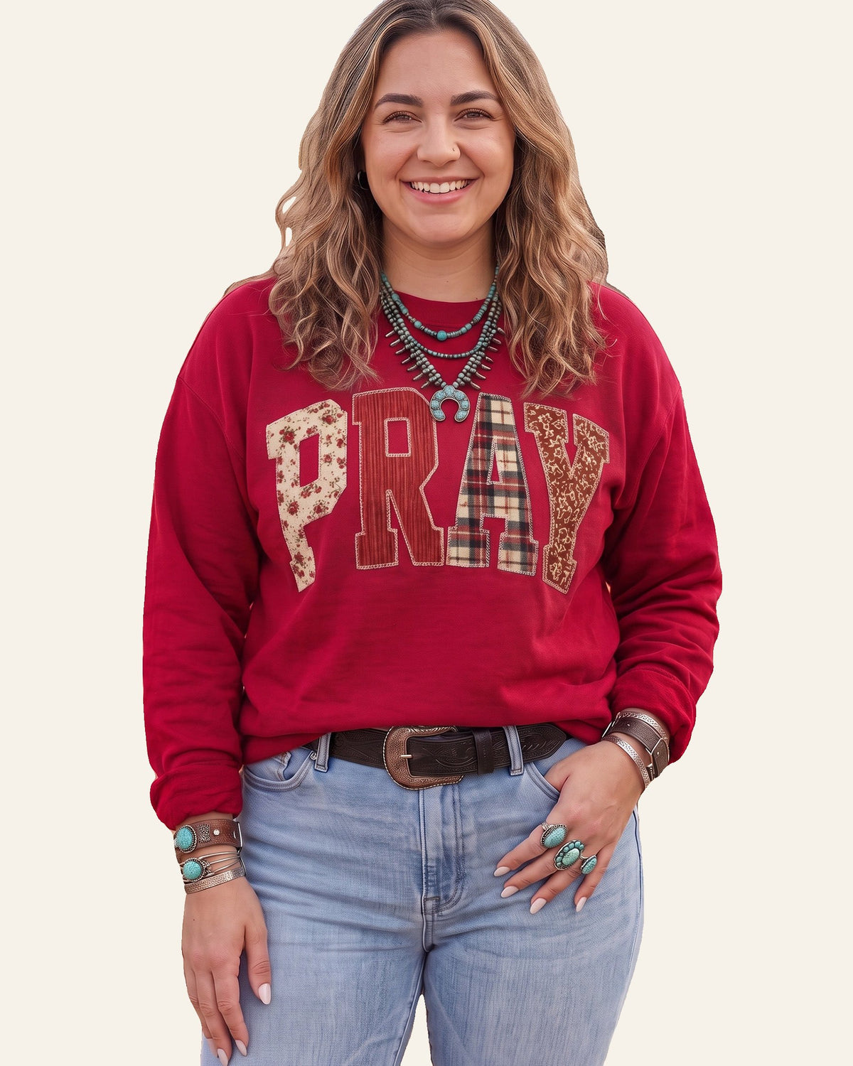 Fiery Red PRAY Letter Patchwork Round Neck Long Sleeve Plus Size Sweatshirt PREORDER ETA 3 WEEKS