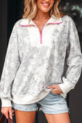 Gray Floral Print Quarter Zip Stand Neck Long Sleeve Sweatshirt PREORDER ETA 3 WEEKS