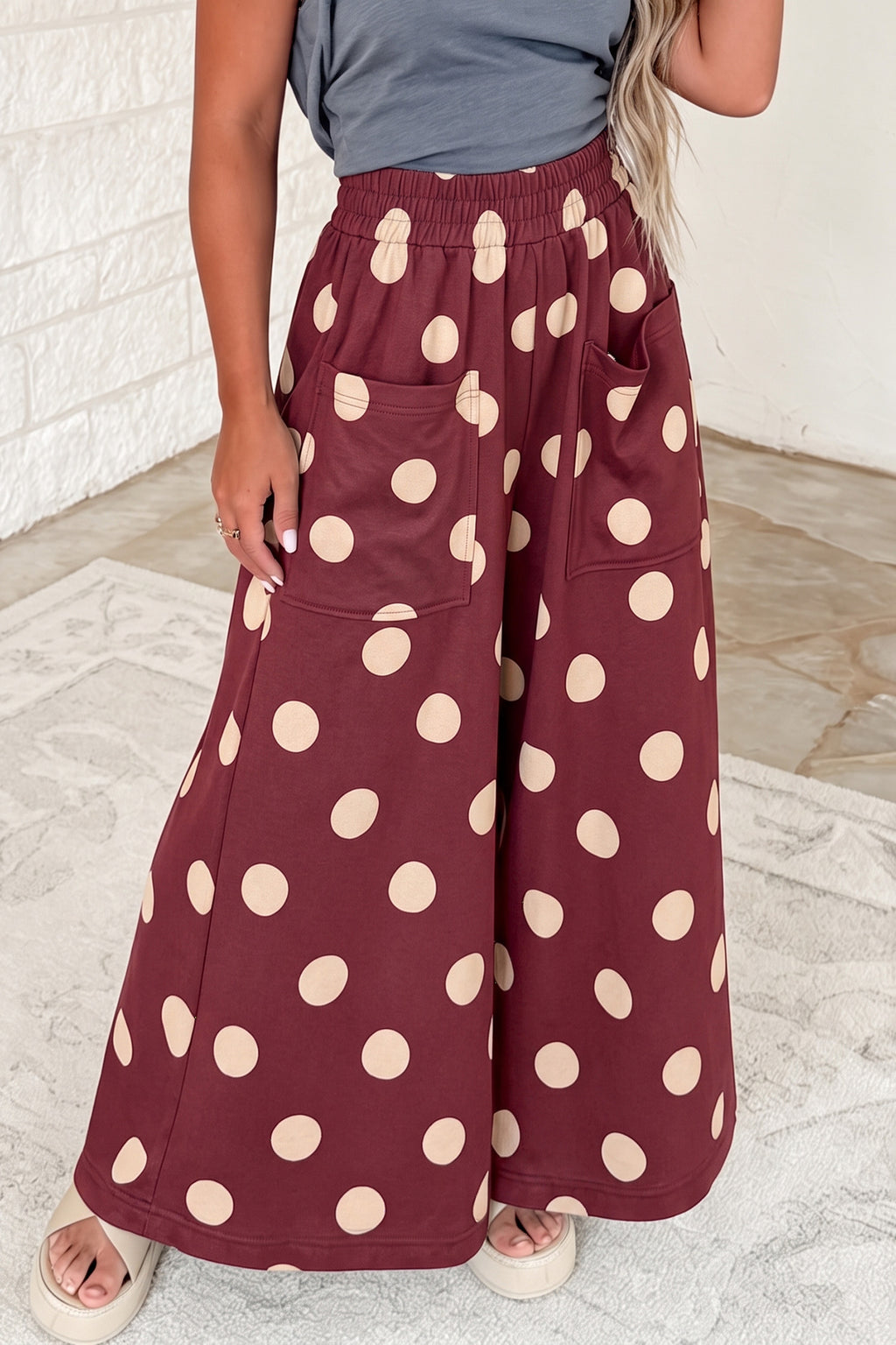 Burgundy Polka Dot Wide Leg Elastic Waist Casual Pants PREORDER ETA 3 WEEKS