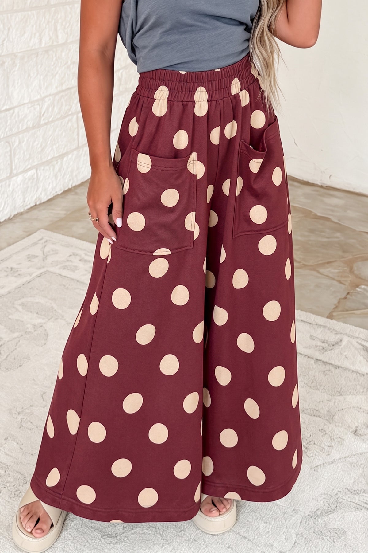 Burgundy Polka Dot Wide Leg Elastic Waist Casual Pants PREORDER ETA 3 WEEKS