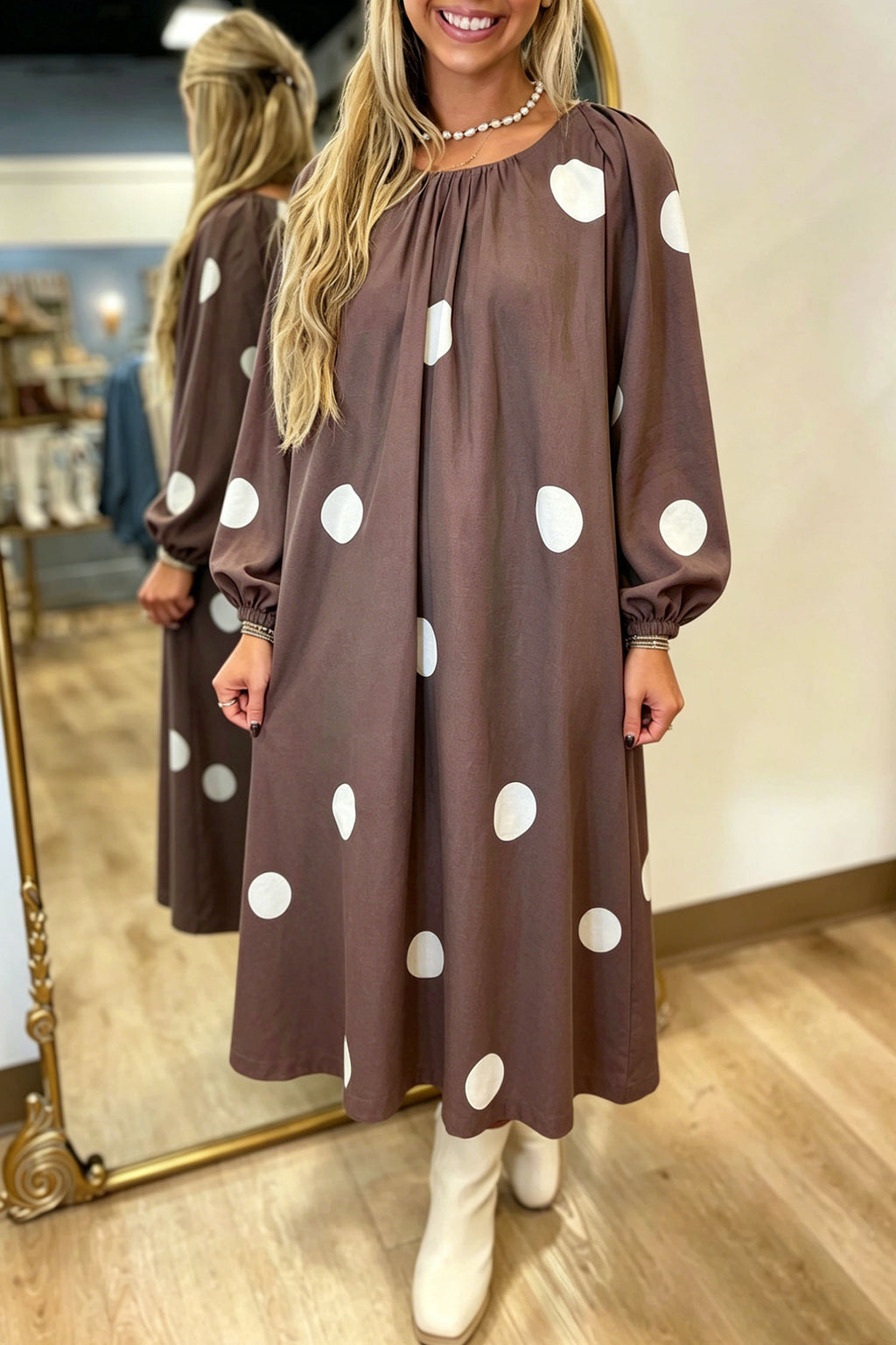 Brown Polka Dot Contrast Bow Knot Back Long Sleeve Midi Dress PREORDER ETA 3 WEEKS