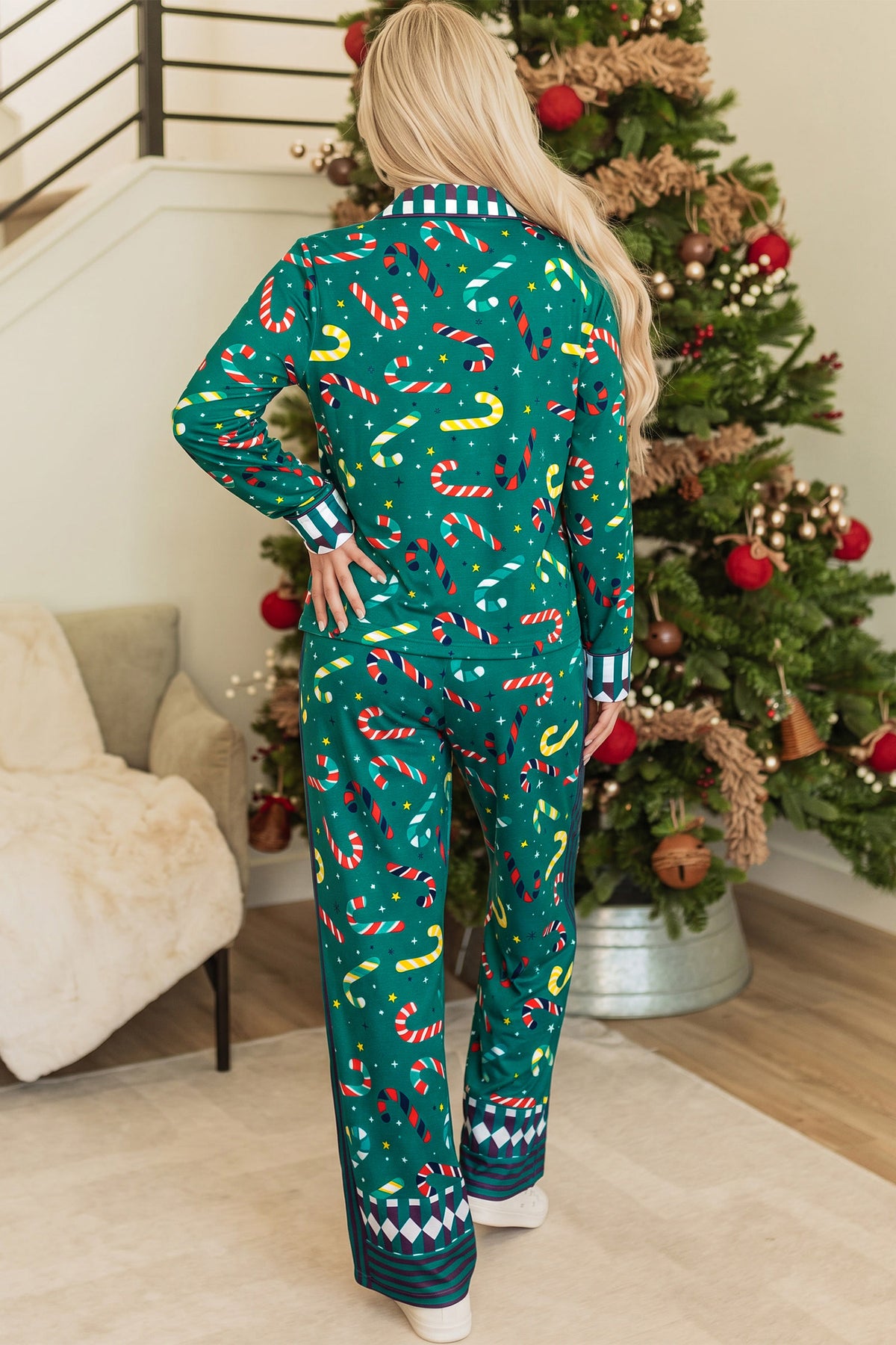 Green Abstract Candy Cane Print Long Sleeve Two Piece Lounge Set PREORDER ETA 3 WEEKS