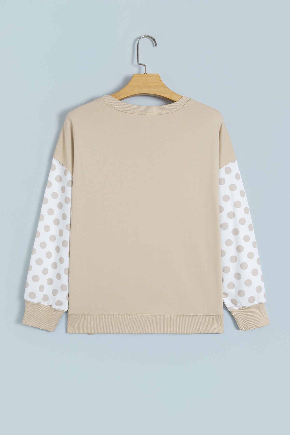 Khaki Polka Dot Patchwork Sleeve Crew Neck Loose Pullover Sweatshirt PREORDER ETA 3 WEEKS
