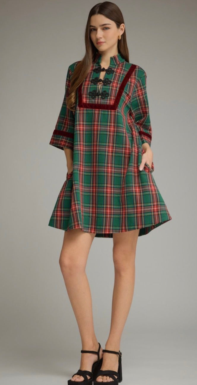 Entro green plaid velvet trim mini dress