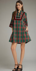 Entro green plaid velvet trim mini dress