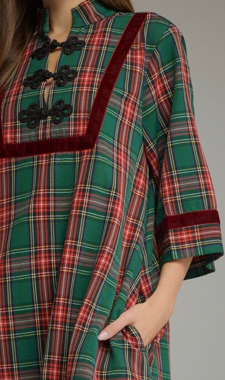 Entro green plaid velvet trim mini dress