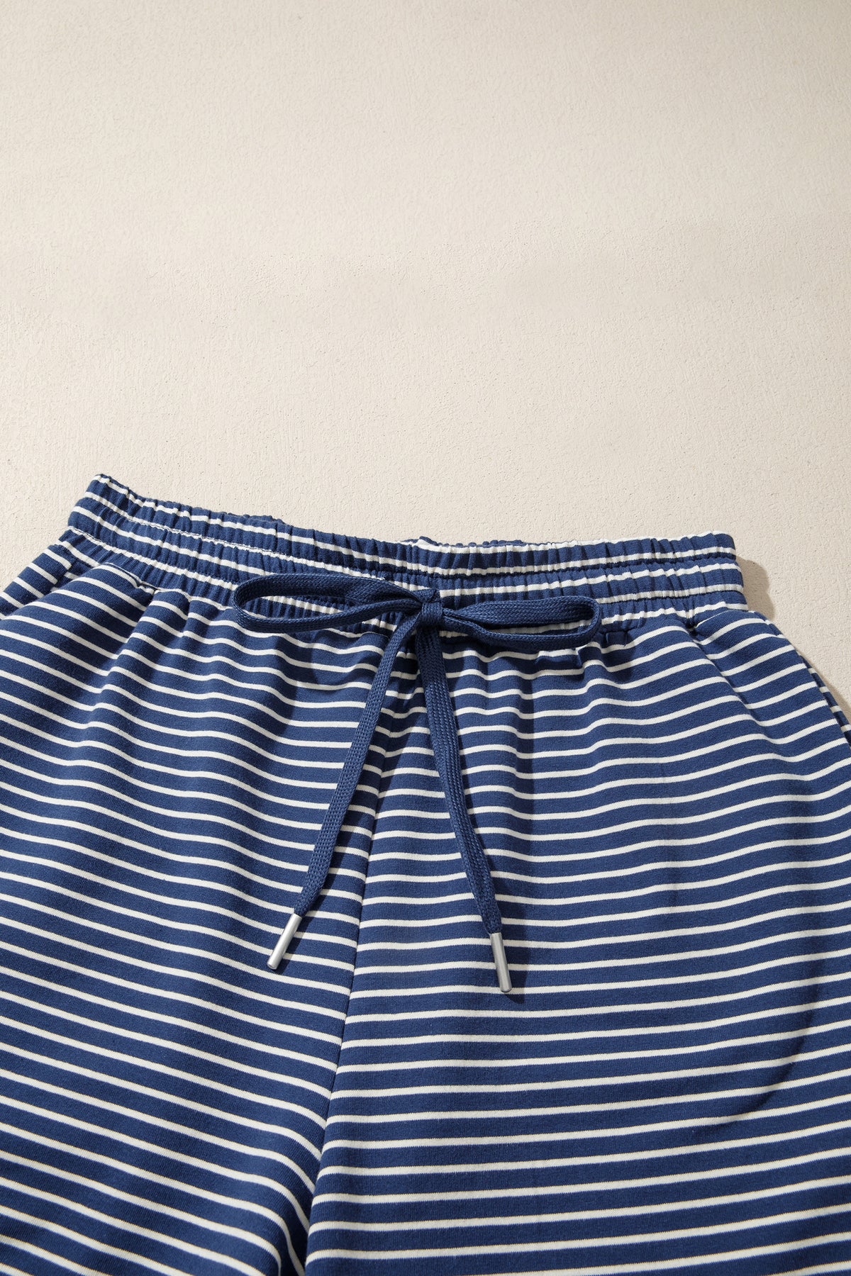 Blue Stripe Ribbed Patchwork Mock Neck Pullover Matching Shorts Set PREORDER ETA 3 WEEKS