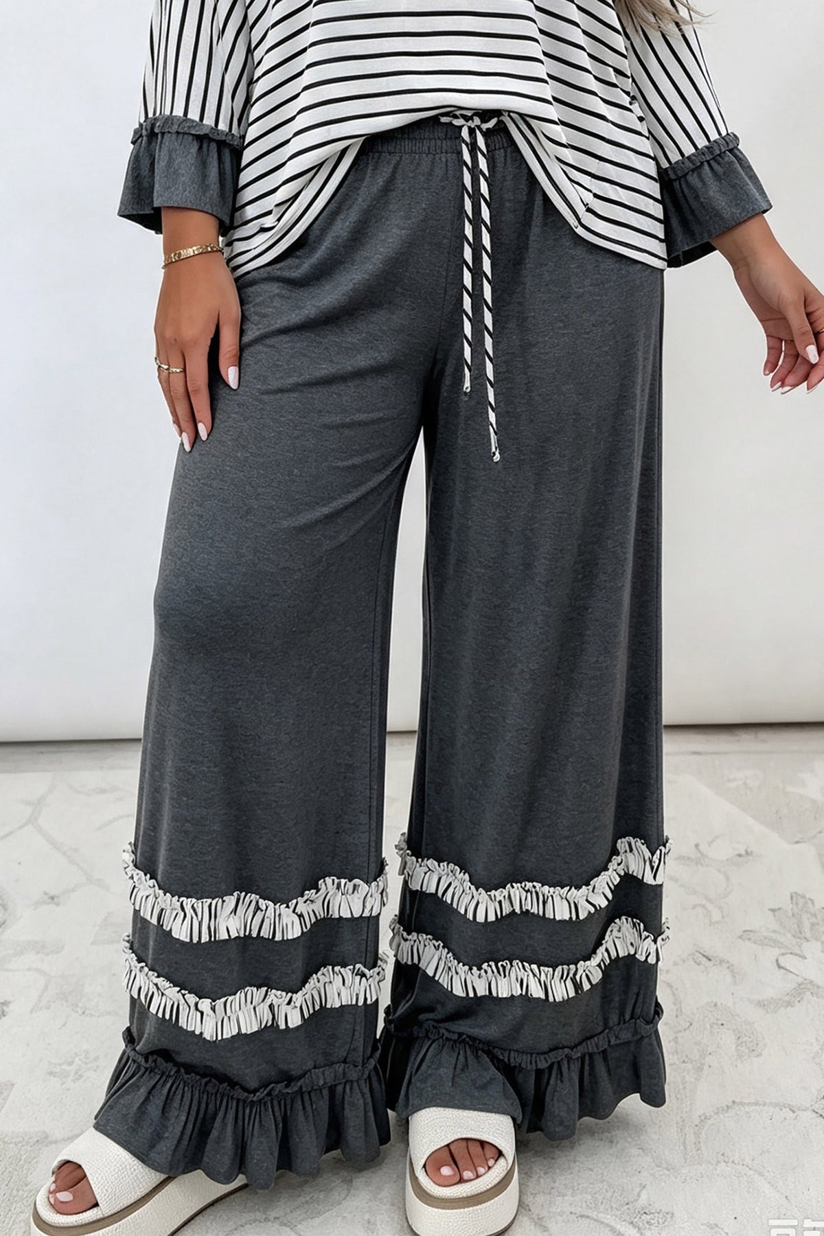 Dark Grey Tiered Ruffled Casual Plus Size Wide Leg Pants PREORDER ETA 3 WEEKS