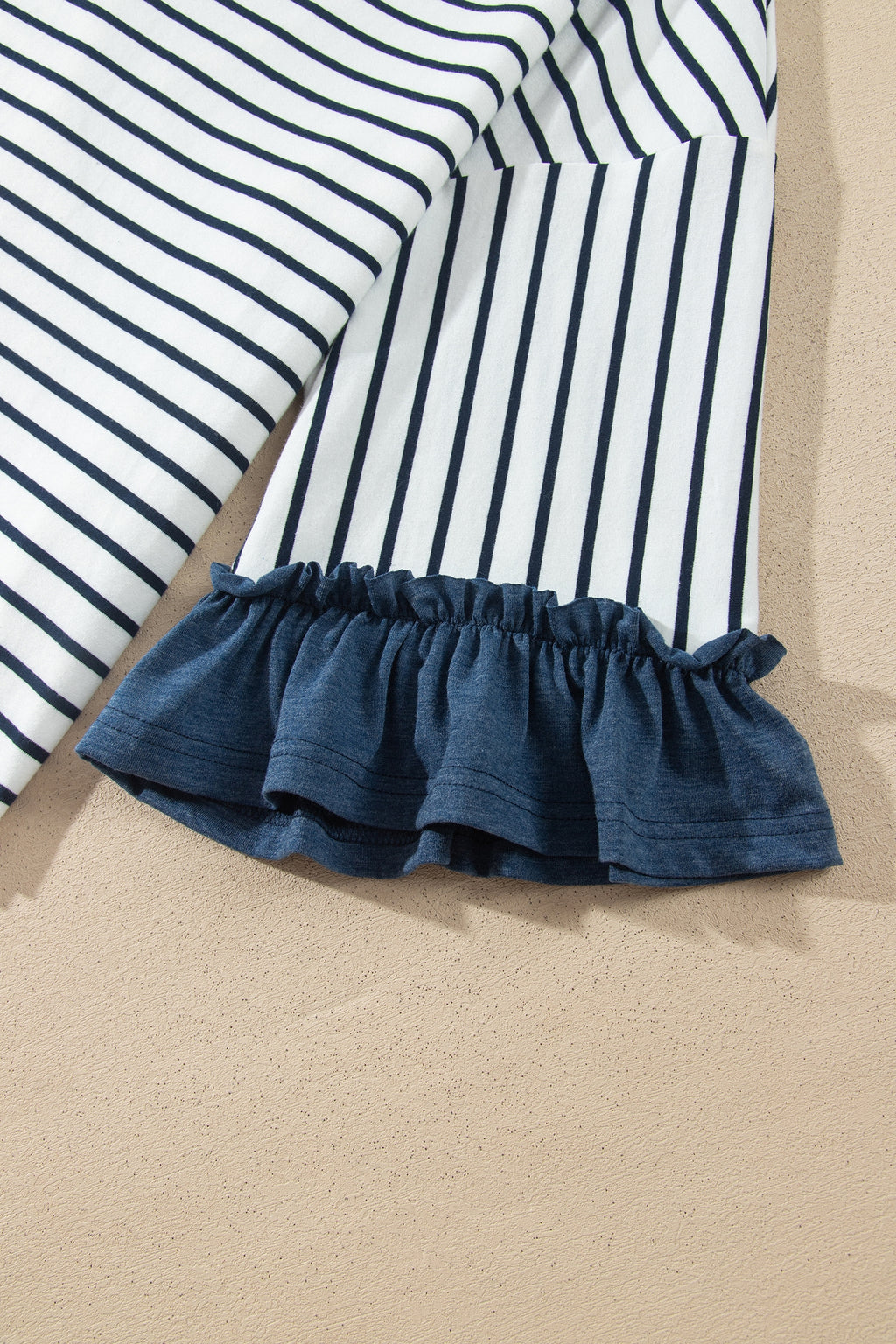 Blue Stripe V Neck Ruffle Contrast Sleeve Top Drawstring Pants 2pcs Set PREODER