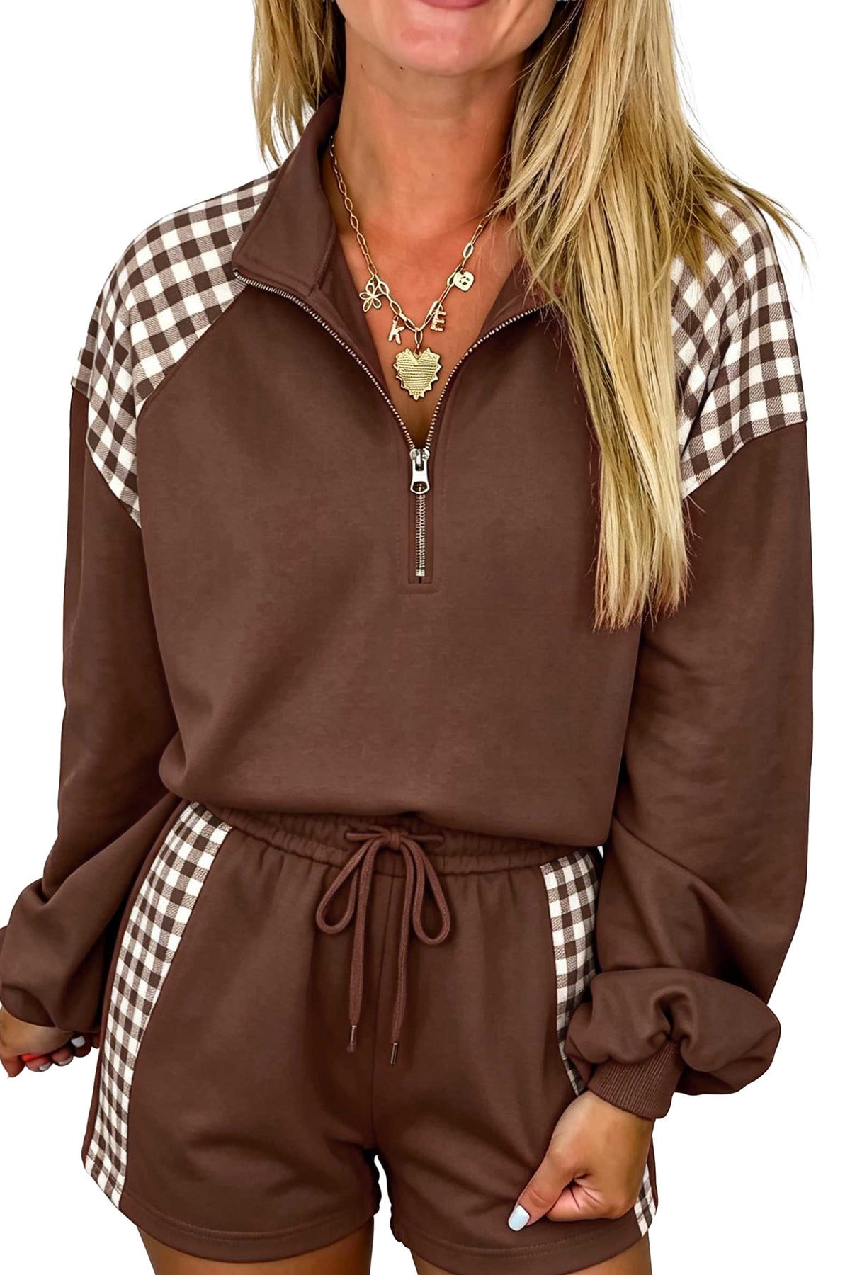 Bright Green Plaid Patchwork Half Zip Pullover Drawstring Short Set PREORDER ETA 3 WEEKS