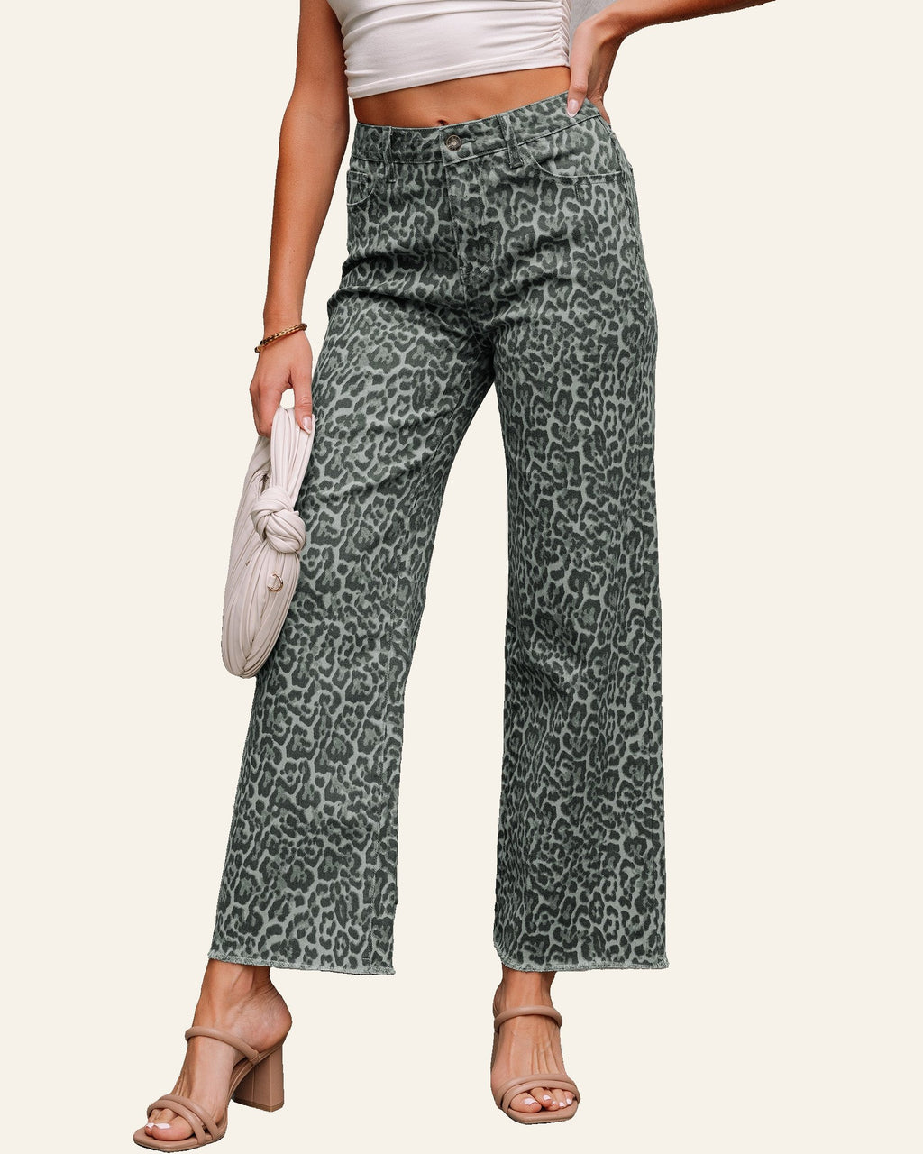 Gray Leopard Frayed Edge Wide Leg High Waist Jeans