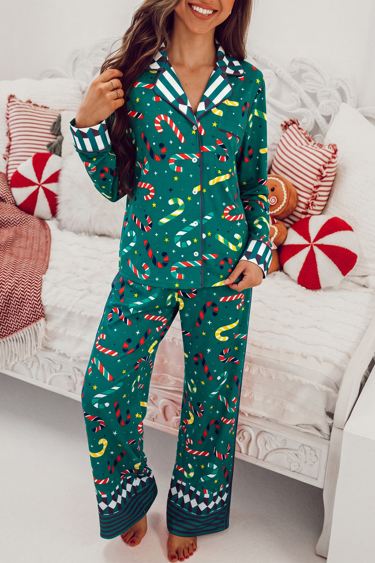 Green Abstract Candy Cane Print Long Sleeve Two Piece Lounge Set PREORDER ETA 3 WEEKS