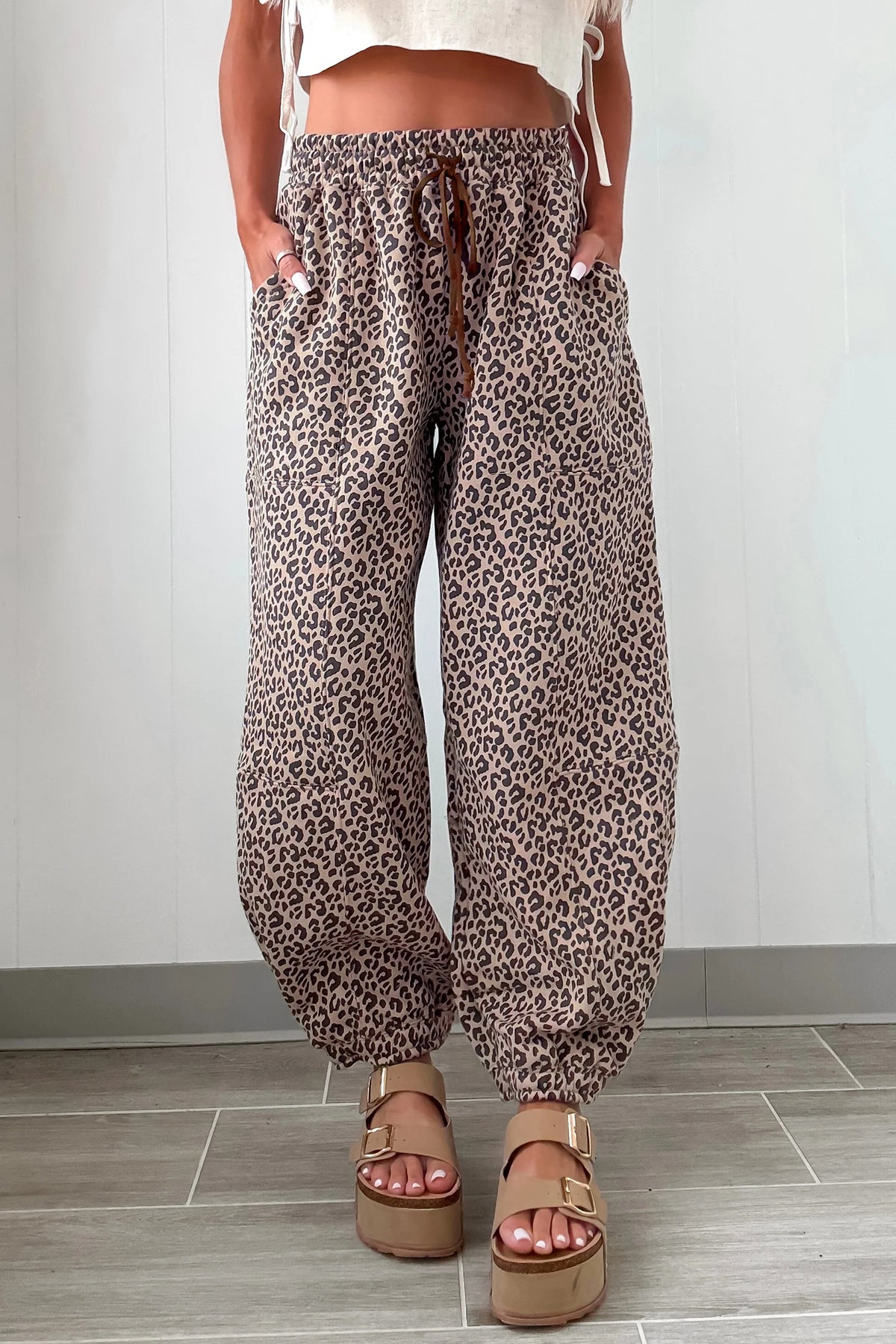 Khaki Leopard Print Elastic Waist Ankle Length Pants PREORDER ETA 3 WEEKS