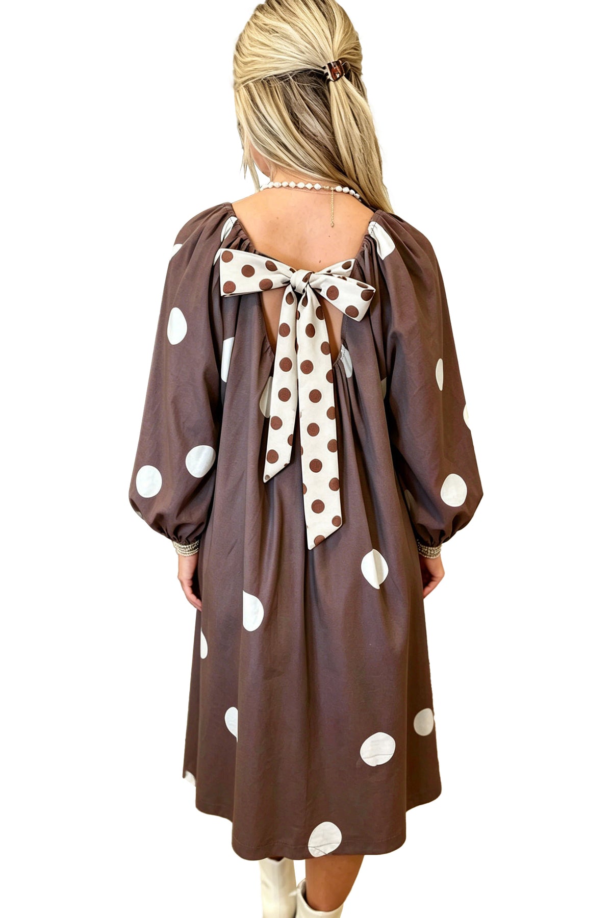 Brown Polka Dot Contrast Bow Knot Back Long Sleeve Midi Dress PREORDER ETA 3 WEEKS