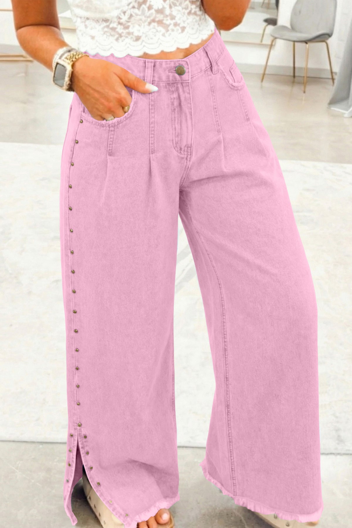 Pink Beaded Side Detail Split Loose Jeans