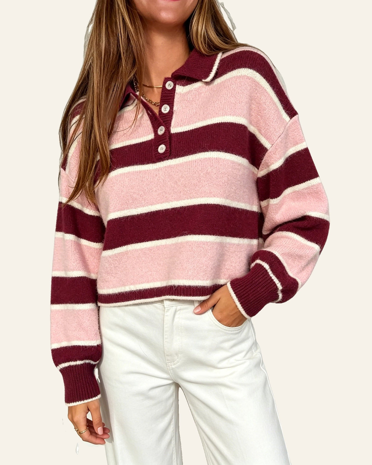 Pink Striped Polo Collar Long Sleeve Ribbed Cuff Casual Knit Sweater PREORDER ETA 3 WEEKS