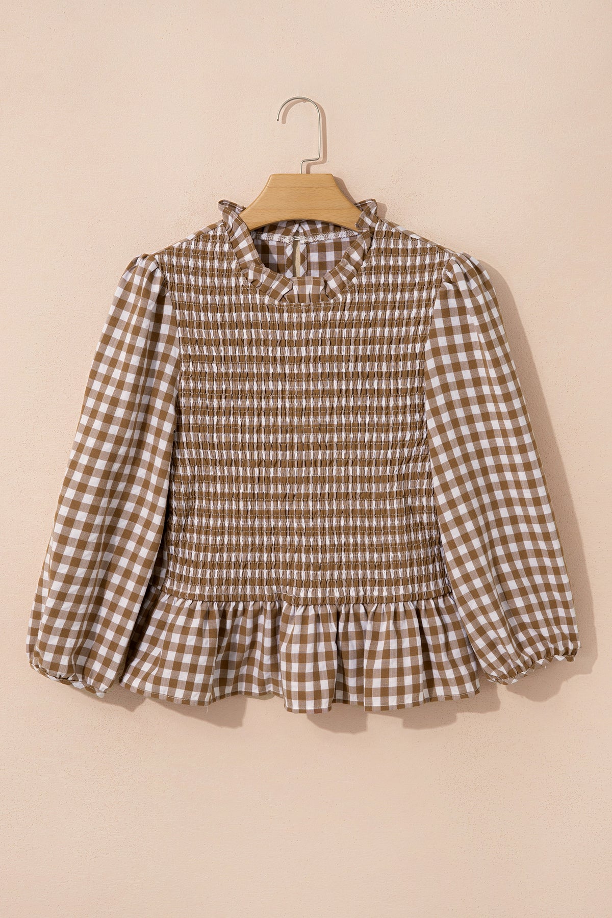 Brown 3/4 Sleeve Shirred Plaid Peplum Top PREORDER ETA 3 WEEKS