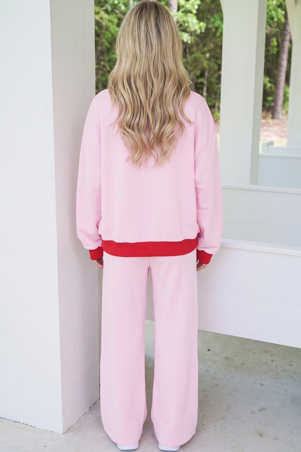 Light Pink Color Block Trim Long Sleeve Pullover Drawstring Shift Pants Set PREORDER ETA 3 WEEKS