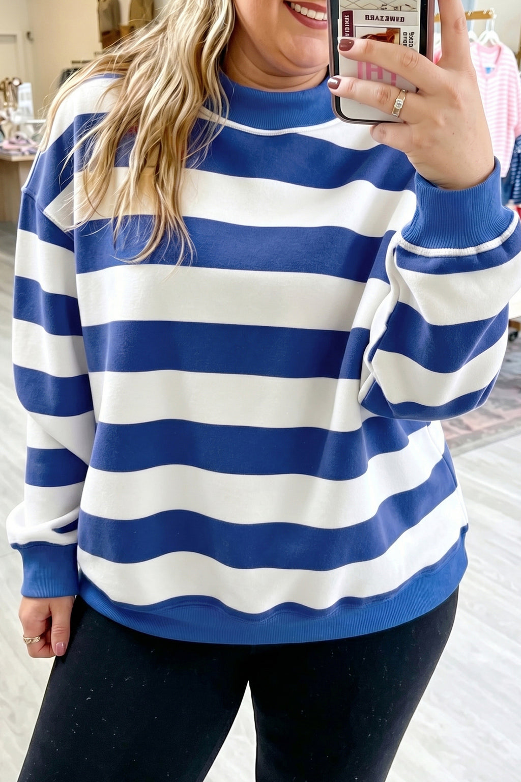 Blue Stripe Ribbed Trim Stand Neck Dropped Shoulder Plus Size Sweatshirt PREORDER ETA 3 WEEKS