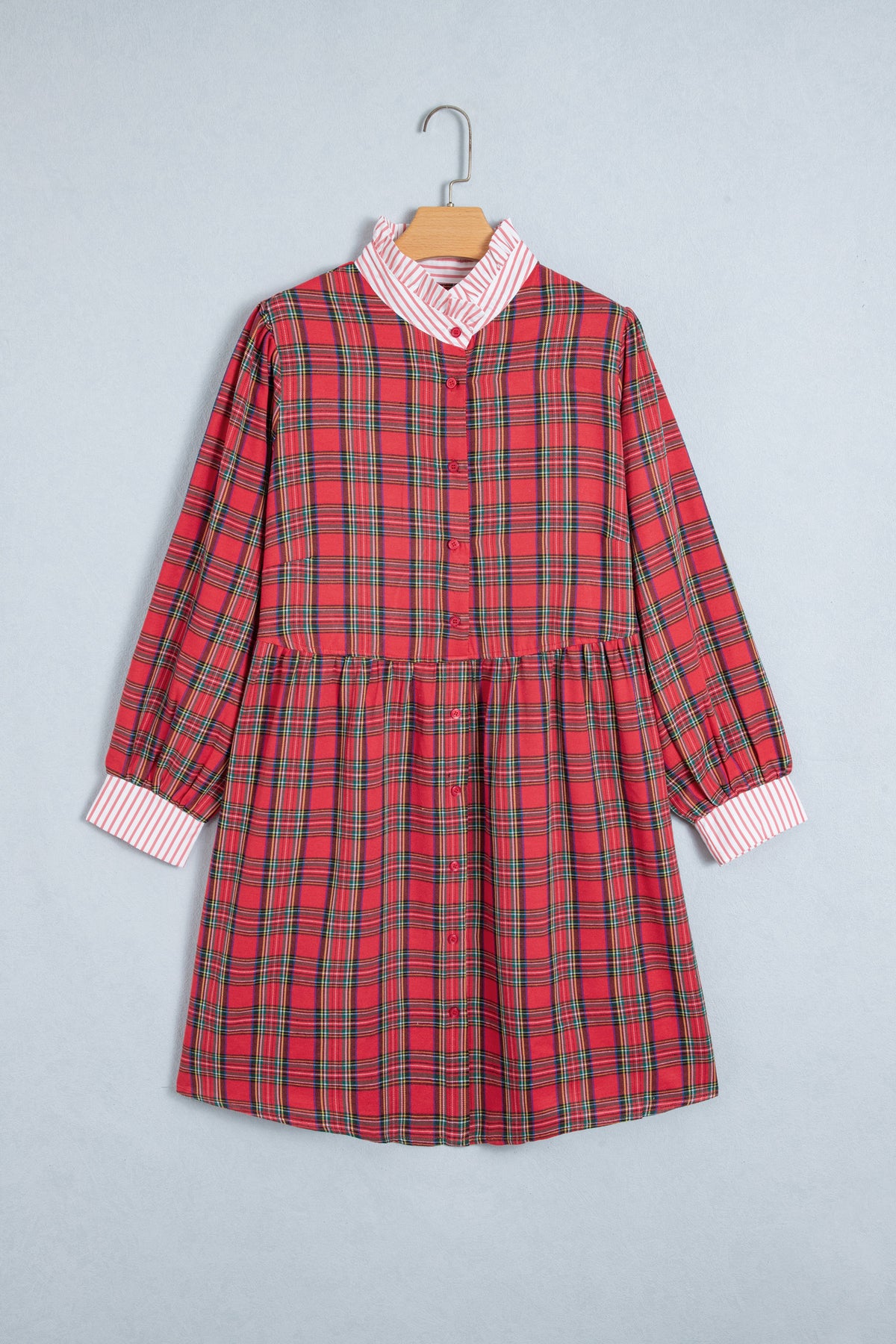 Red Plaid Striped V Neck Collar Cuff Details Shift Plus Size Dress PREORDER ETA 3 WEEKS