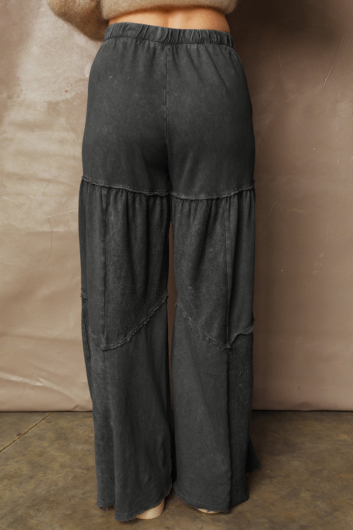 Black Mineral Wash Tiered Wide Leg Patchwork Drawstring Pants PREORDER ETA 3 WEEKS