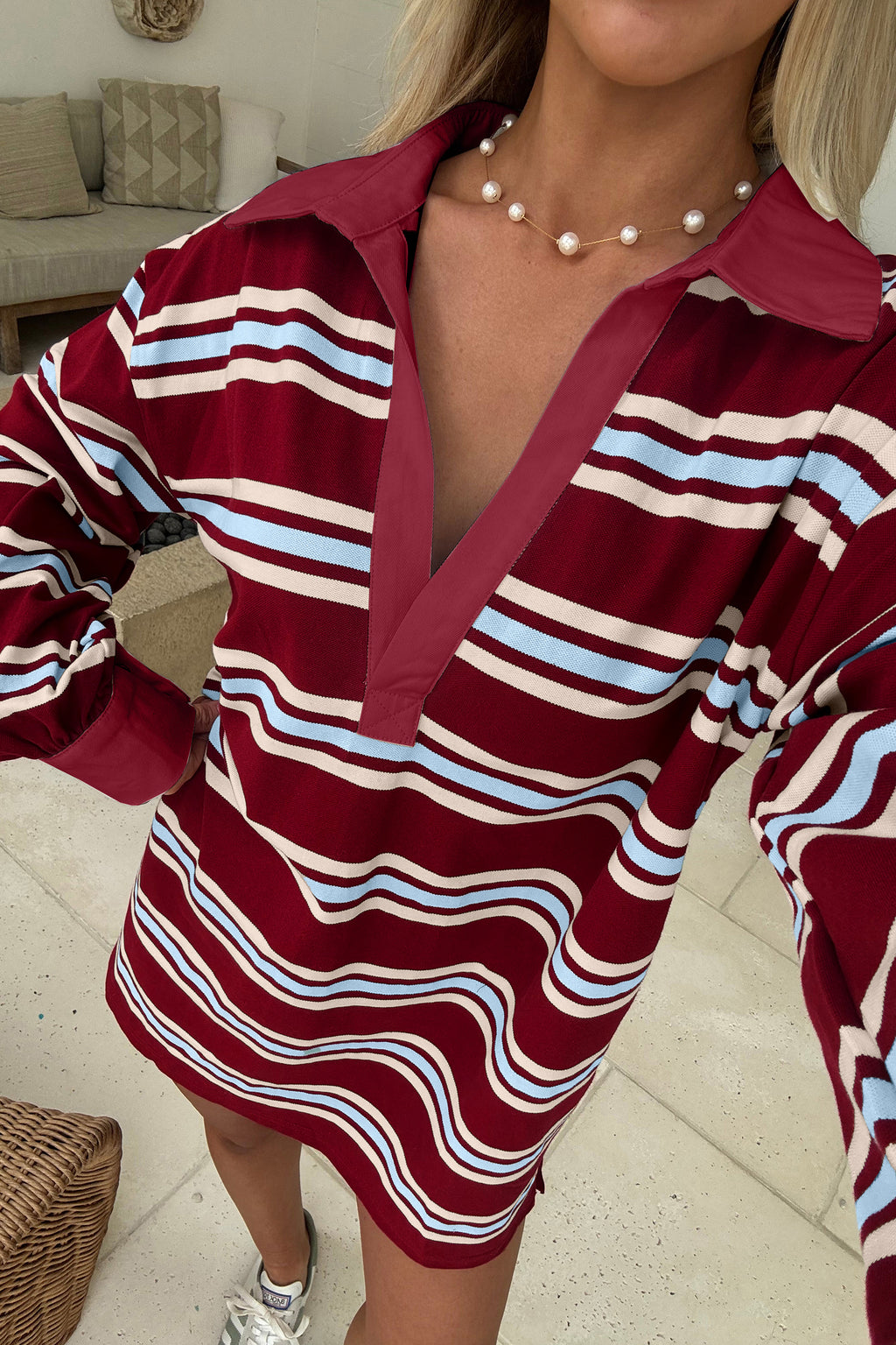 Red Stripe Retro Polo Collar Long Sleeve T Shirt Shift Mini Dress PREORDER ETA 3 WEEKS