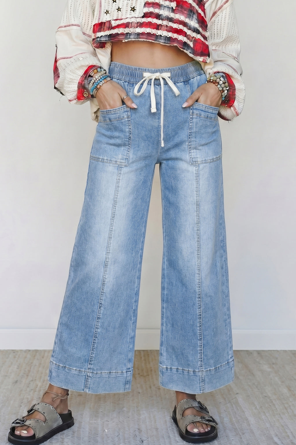 Beau Blue Drawstring Waist Wide Leg Ankle Length Jeans PREORDER ETA 3 WEEKS