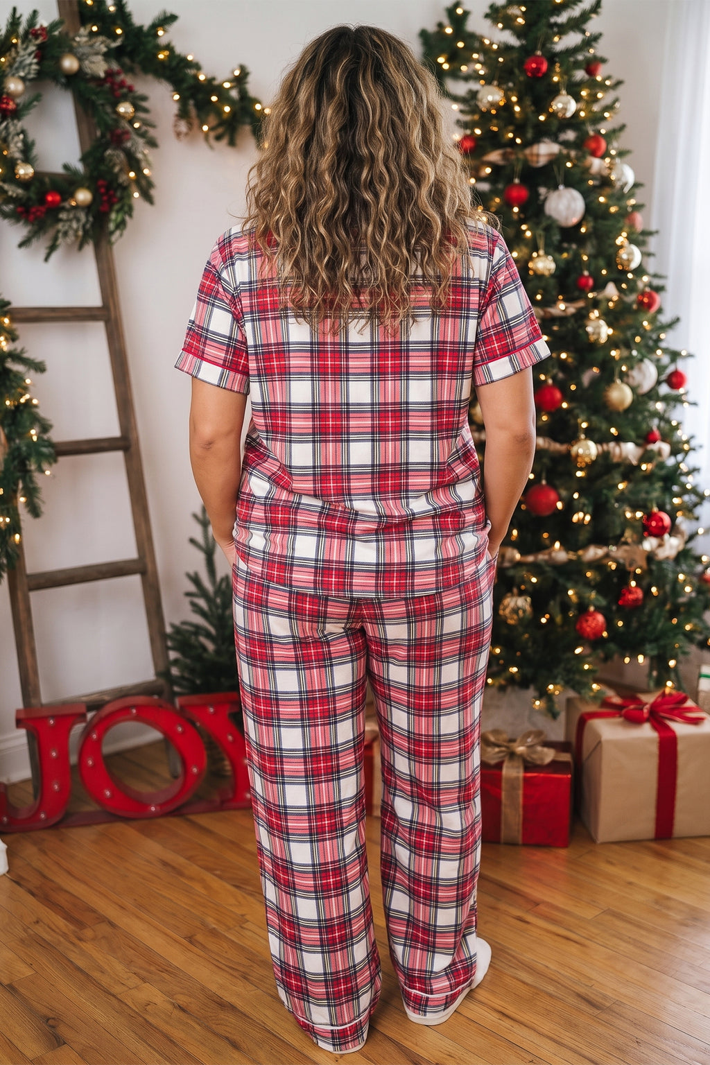 Red Plus Size Short Sleeve Button Down Plaid Pajama 2pcs Pant Set PREORDER ETA 3 WEEKS