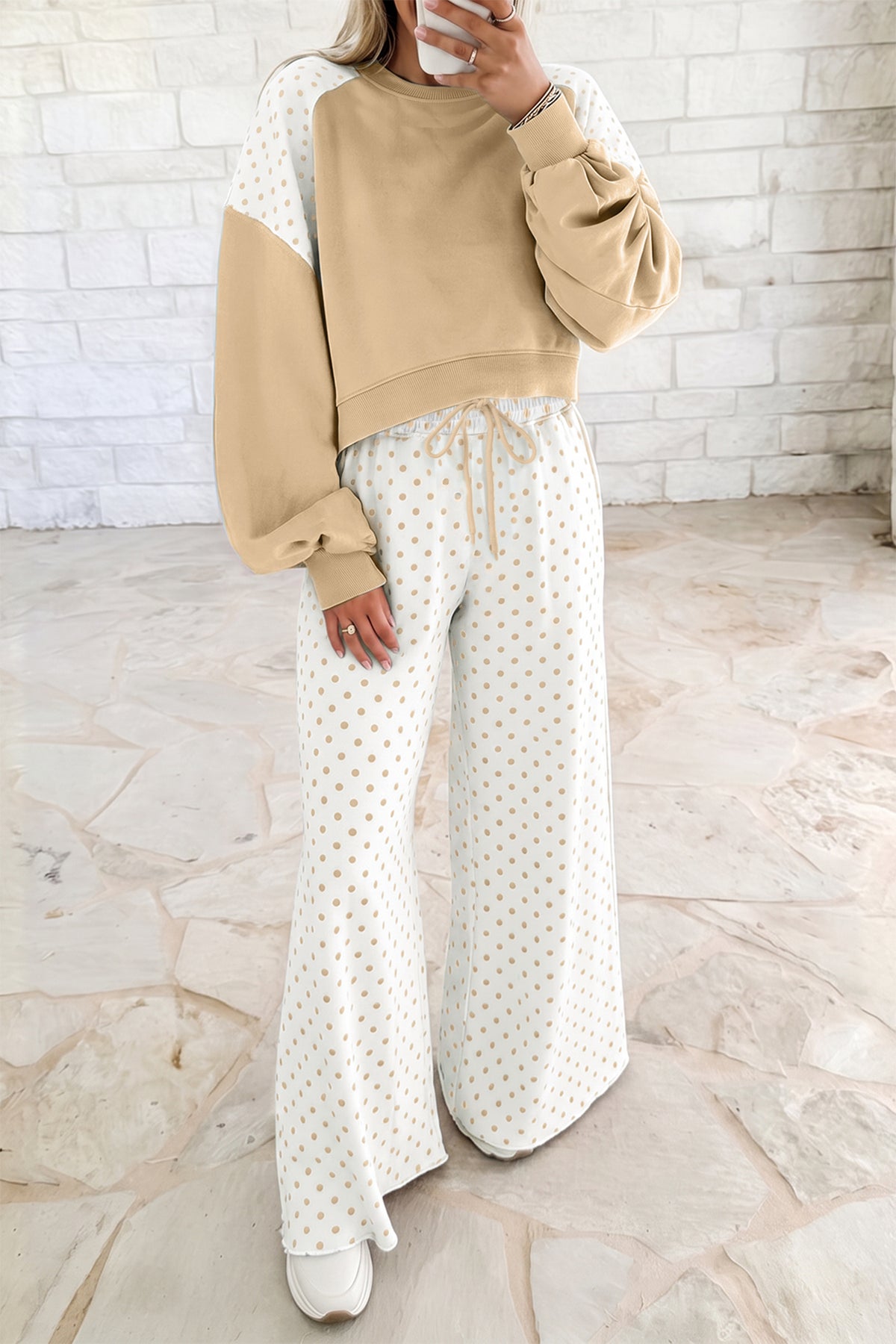 Green Polka Dot Patchwork Colorblock Long Sleeve Casual Two Piece Pants Set PREORDER ETA 3 WEEKS