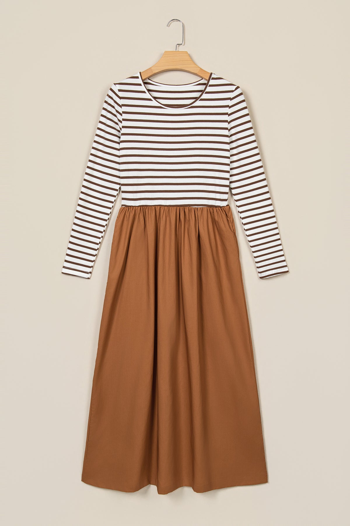 Brown Stripe Ribbed Knit Long Sleeve Bodice Contrast Patchwork Flared Dress PREODER