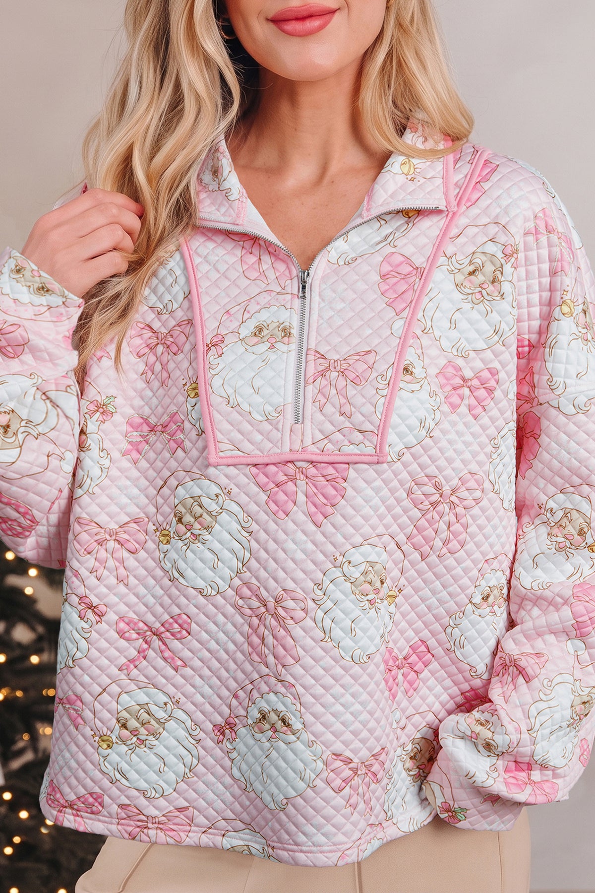 Pink Abstract Christmas Print Zip-Up Collar Long Sleeve Sweatshirt PREORDER ETA 3 WEEKS