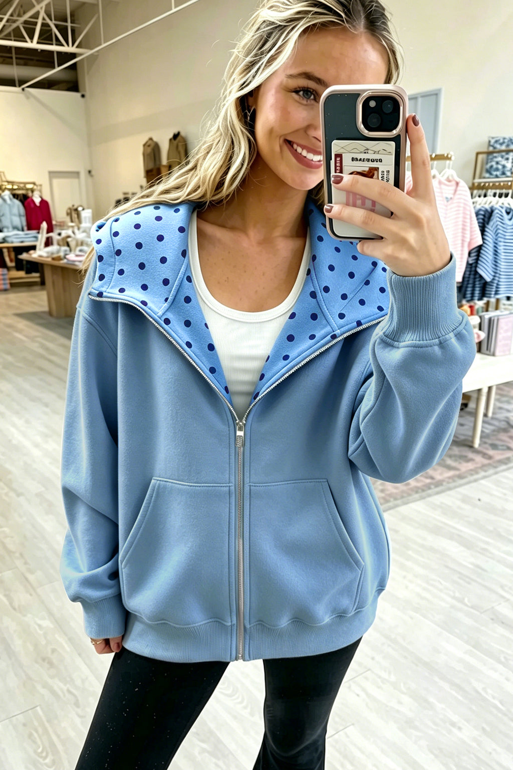 Beau Blue Polka Dot Hooded Zip-Up Sweatshirt PREORDER ETA 3 WEEKS