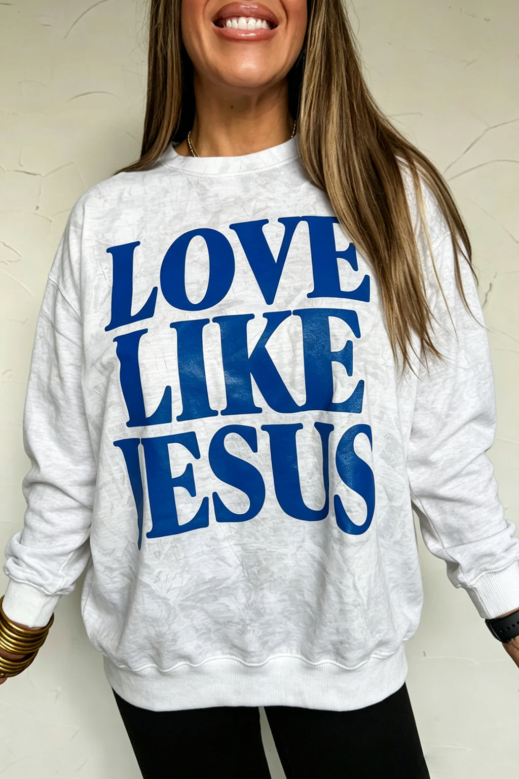 Gray LOVE LIKE JESUS Letter Print Round Neck Light Camo Pullover Sweatshirt PREORDER ETA 3 WEEKS