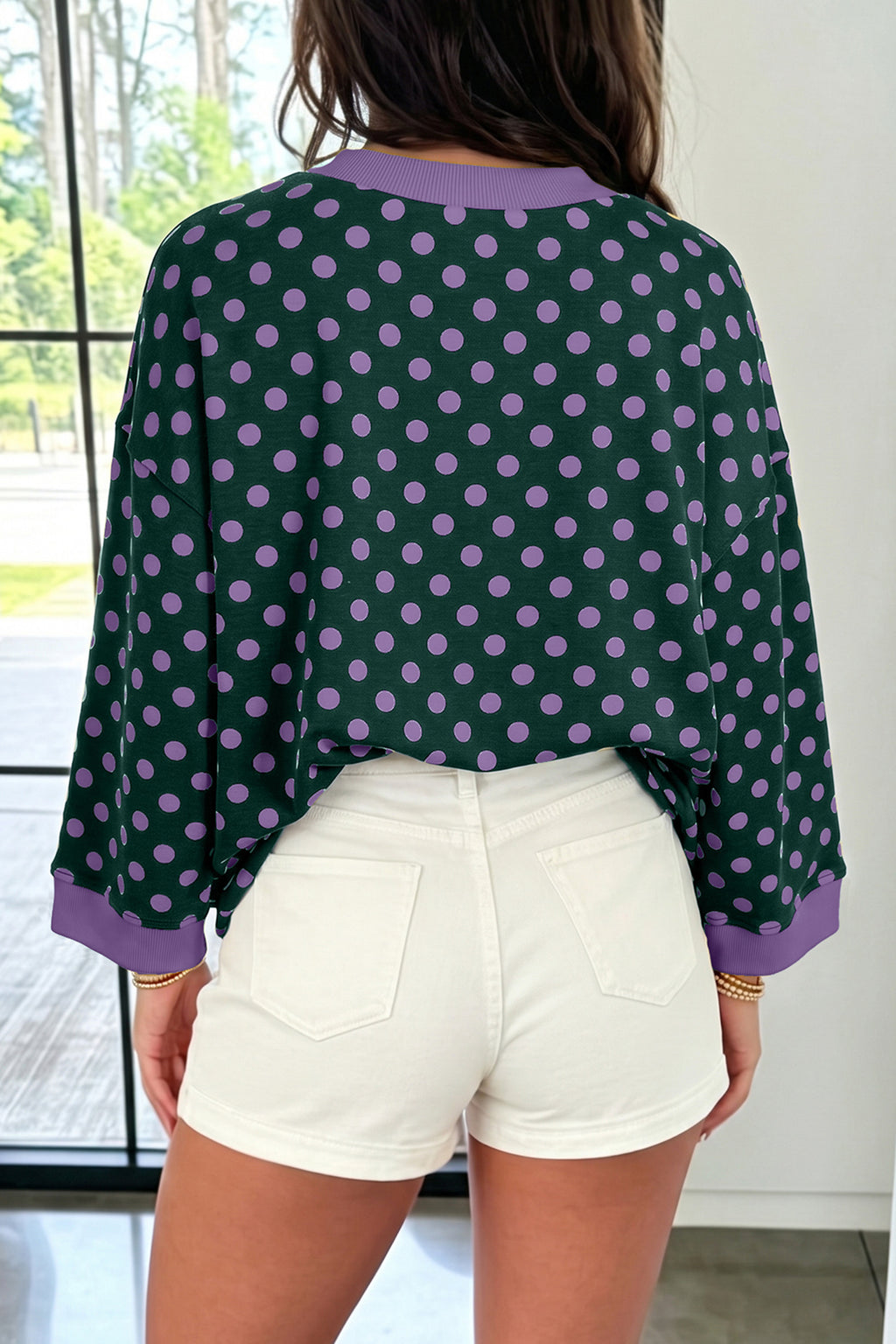 Green Polka Dot Print Contrast Trim Round Neck Bracelet Sleeve Top PREORDER ETA 3 WEEKS
