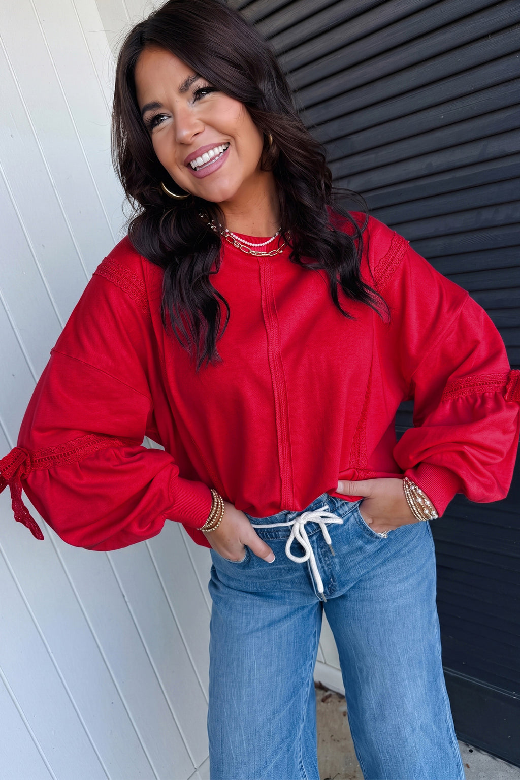 Fiery Red Solid Color Raw Seam Lace Detail Loose Casual Sweatshirt PREORDER ETA 3 WEEKS