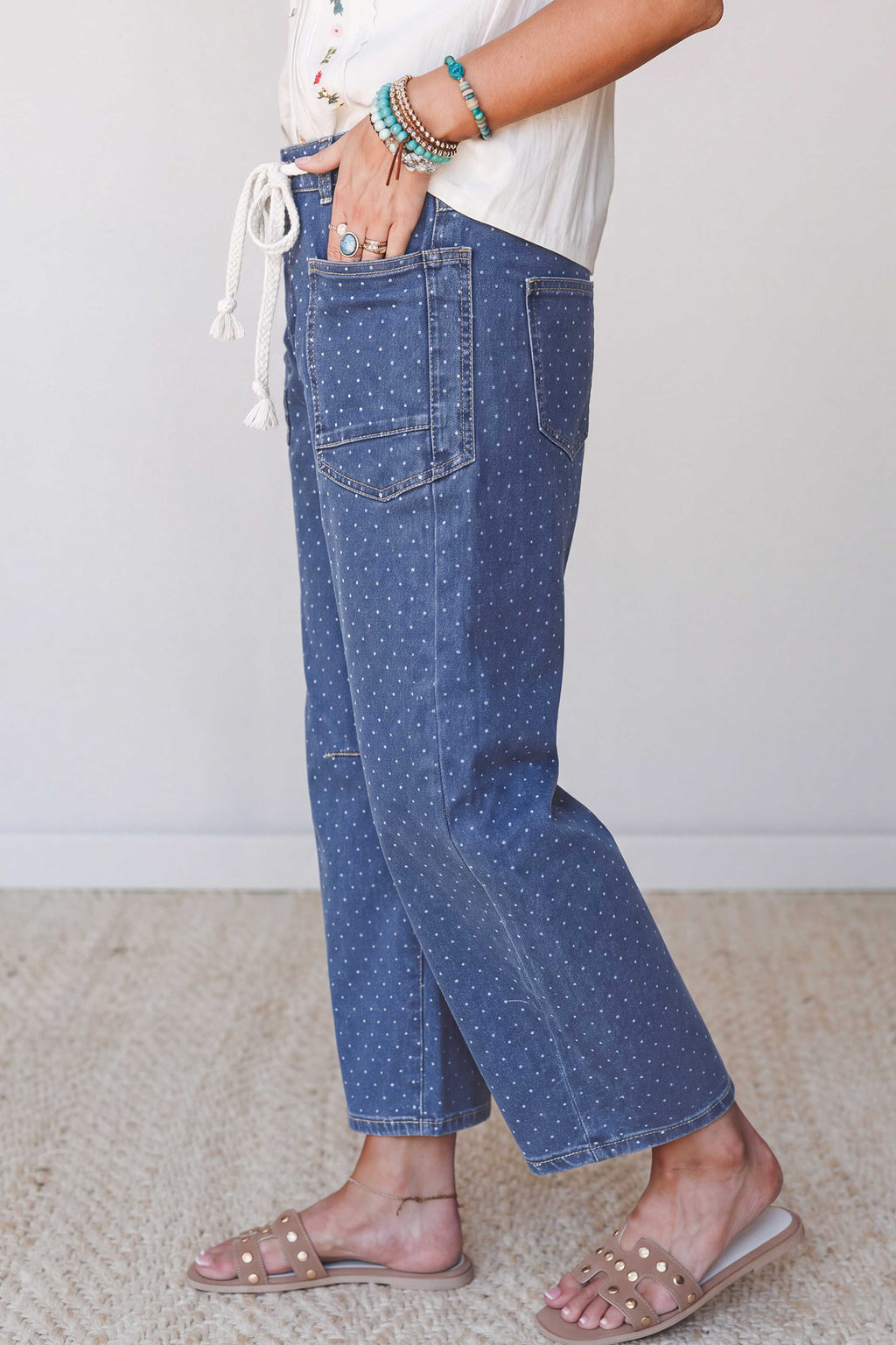 Blue Casual Polka Dot Ankle-Length Drawstring Jeans PREORDER ETA 3 WEEKS