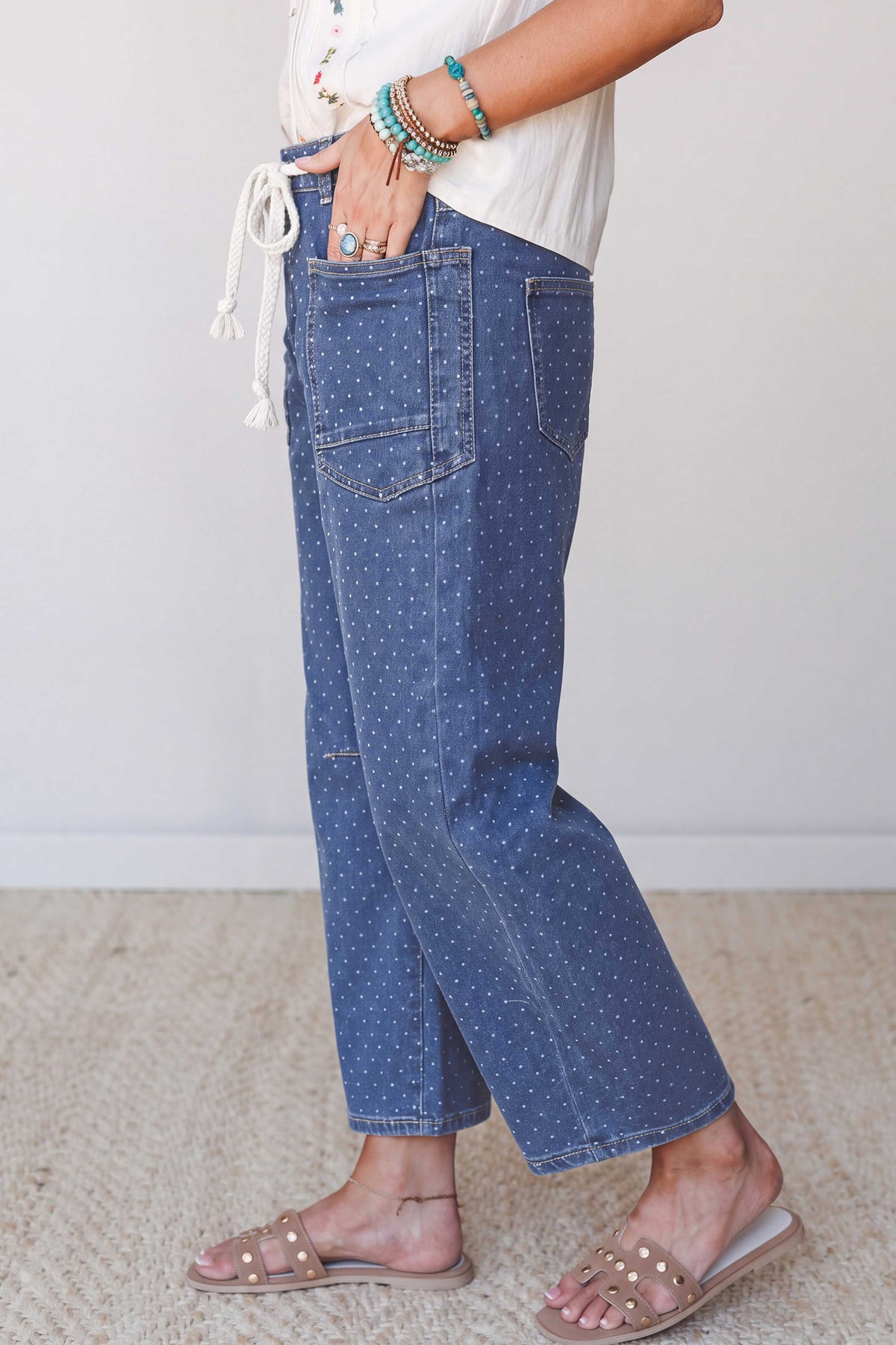 Blue Casual Polka Dot Ankle-Length Drawstring Jeans PREORDER ETA 3 WEEKS